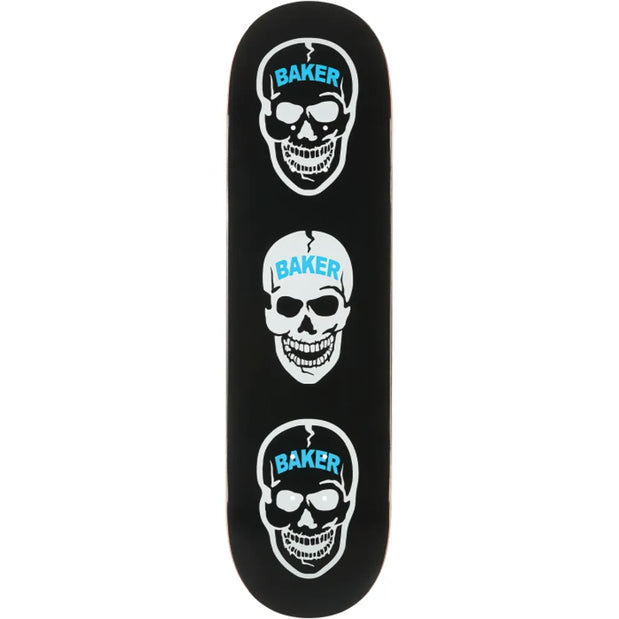 Baker Hawk 3:16 8.5-inch black skateboard deck with three stacked skull graphics and blue Baker logos. - Longboards USA