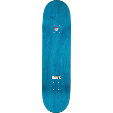 Baker Hawk 3:16 8.5-inch skateboard deck with blue wood-grain top, white HAWK logo, truck holes and red sticker. - Longboards USA