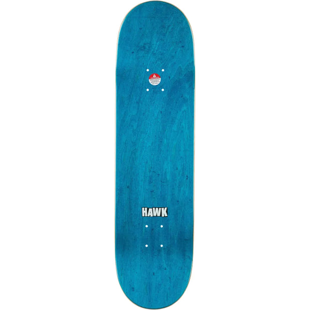 Baker Hawk 3:16 8.5-inch skateboard deck with blue wood-grain top, white HAWK logo, truck holes and red sticker. - Longboards USA