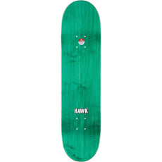 Baker Hawk Fried Beast 8.0-inch skateboard deck with green woodgrain top, white Hawk logo and mounting holes. - Longboards USA