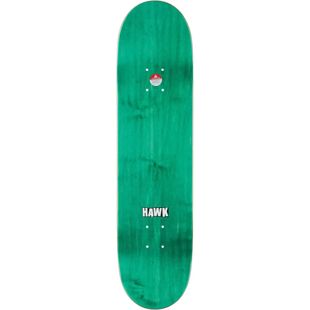 Baker Hawk Fried Beast 8.0-inch skateboard deck with green woodgrain top, white Hawk logo and mounting holes. - Longboards USA
