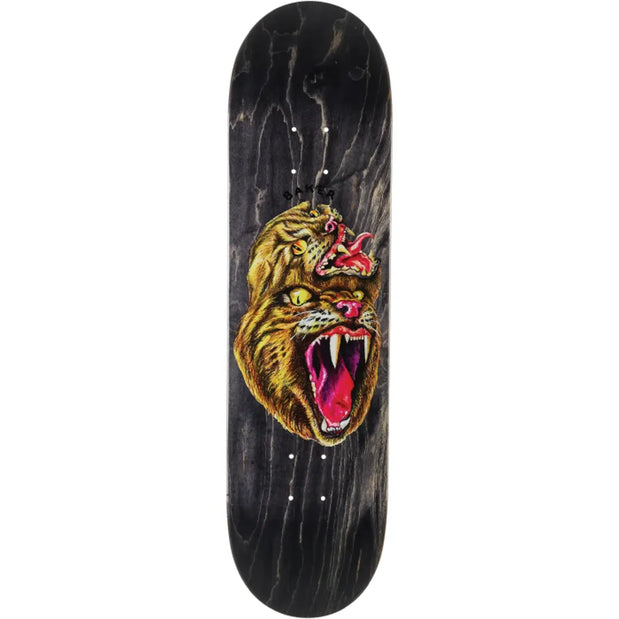 Baker Long Long Fried Beast 8.25-inch black woodgrain skateboard deck with a snarling two-headed cat graphic. - Longboards USA