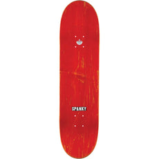 Baker Long Long Fried Beast 8.25-inch skateboard deck in red with distressed woodgrain and a black-and-white Spanky logo. - Longboards USA