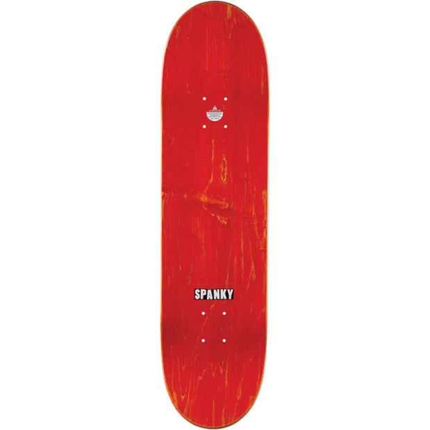 Baker Long Long Fried Beast 8.25-inch skateboard deck in red with distressed woodgrain and a black-and-white Spanky logo. - Longboards USA