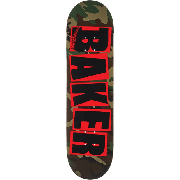Baker Peterson 8.25-inch skateboard deck in green and brown camo with bold red-and-black BAKER logo graphics. - Longboards USA
