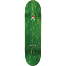 Baker Peterson 8.25-inch skateboard deck in green wood grain with a white Baker logo, mounting holes, and red sticker. - Longboards USA