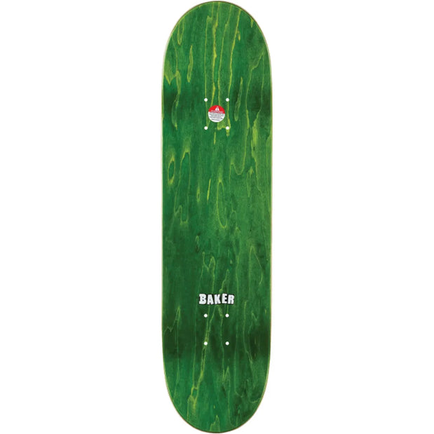 Baker Peterson 8.25-inch skateboard deck in green wood grain with a white Baker logo, mounting holes, and red sticker. - Longboards USA