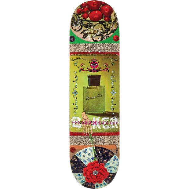 Baker Reynolds Ephemera 8.38-inch skateboard deck with a green collage of tomatoes, a perfume bottle, and floral fan. - Longboards USA