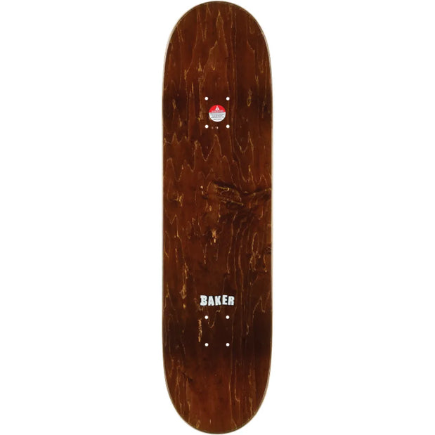 Baker Reynolds Ephemera 8.38-inch skateboard deck with brown wood-grain top, white Baker logo and mounting holes. - Longboards USA