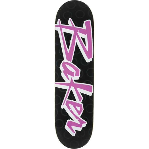 Baker Reynolds Purple Pain 8.25-inch skateboard deck with black circle pattern and large purple and white logo. - Longboards USA
