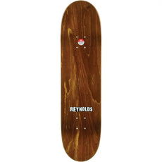 Baker Reynolds Purple Pain 8.25-inch skateboard deck with brown wood grain, white Reynolds logo and mounting holes. - Longboards USA