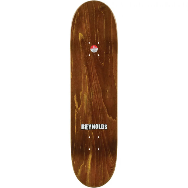 Baker Reynolds Purple Pain 8.25-inch skateboard deck with brown wood grain, white Reynolds logo and mounting holes. - Longboards USA