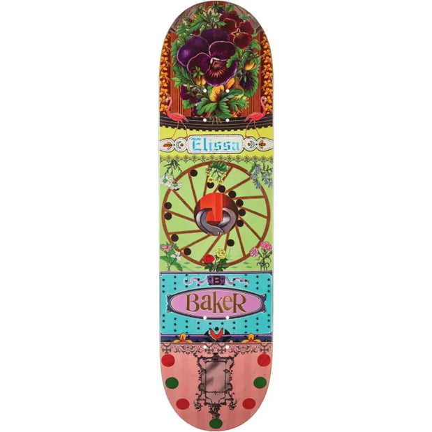 Baker Steamer Ephemera 8.25-inch skateboard deck with multicolor floral, flamingo, wheel and ornate collage graphics. - Longboards USA