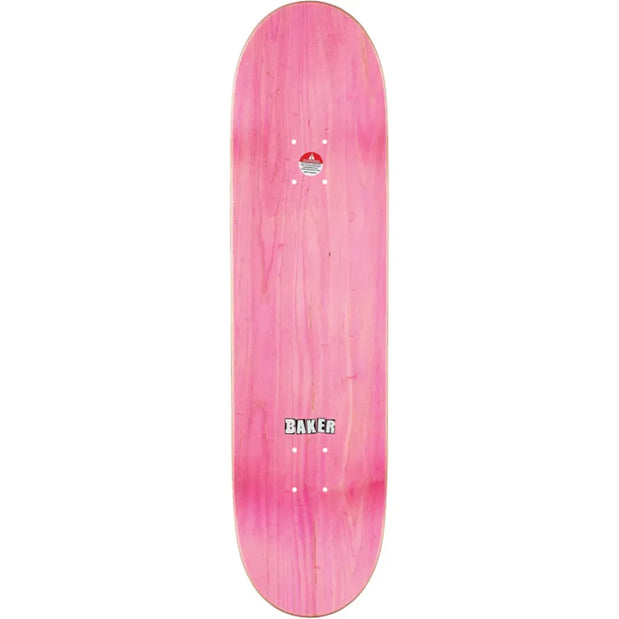 Baker Steamer Ephemera 8.25-inch skateboard deck with pink woodgrain finish, white mounting holes and Baker logo. - Longboards USA