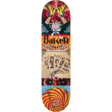 Baker Zorilla Ephemera 8.12-inch skateboard deck with a multicolor collage of butterflies, flowers, cards, eyes, and spiral. - Longboards USA