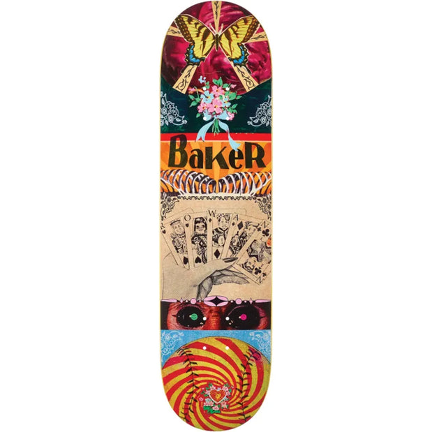 Baker Zorilla Ephemera 8.12-inch skateboard deck with a multicolor collage of butterflies, flowers, cards, eyes, and spiral. - Longboards USA