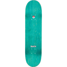Baker Zorilla Ephemera 8.12-inch teal skateboard deck with wood grain, white Baker logo, and mounting holes. - Longboards USA