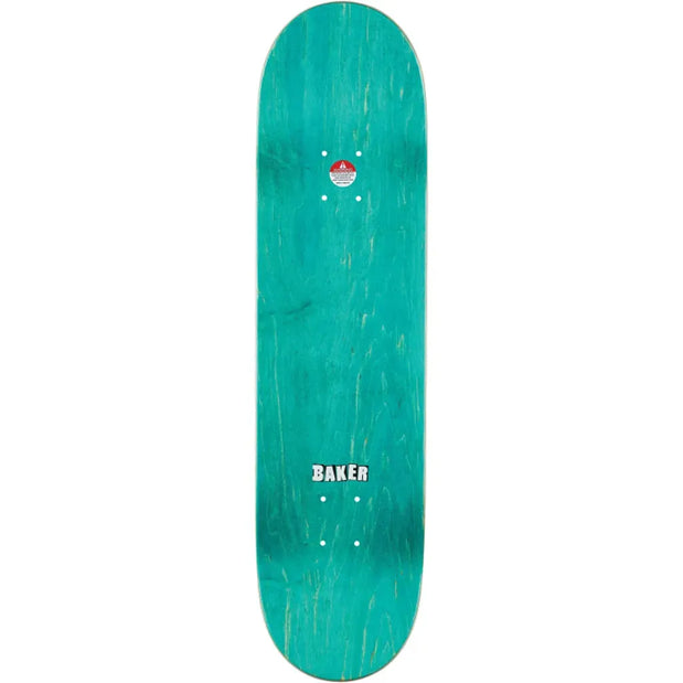 Baker Zorilla Ephemera 8.12-inch teal skateboard deck with wood grain, white Baker logo, and mounting holes. - Longboards USA