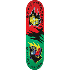Baker Zorilla Scenario 8.25-inch skateboard deck in red and green with yellow skull and roaring gorilla graphics. - Longboards USA