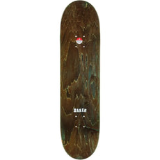 Baker Zorilla Scenario 8.25-inch skateboard deck with dark brown woodgrain, green accents, and a white Baker logo. - Longboards USA