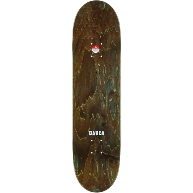 Baker Zorilla Scenario 8.25-inch skateboard deck with dark brown woodgrain, green accents, and a white Baker logo. - Longboards USA
