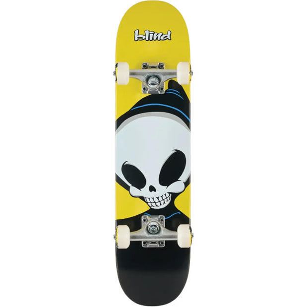 Blind Big Head Soft Top 7.0-inch yellow skateboard with oversized skull graphic, silver trucks and white wheels. - Longboards USA