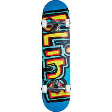 Blind Classic Matte Logo 8.0-inch skateboard with teal deck, red and yellow graphics, silver trucks and white wheels. - Longboards USA
