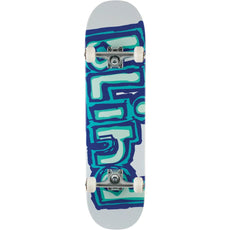 Blind Classic Matte Logo 8.25-inch skateboard with gray deck, large blue and teal graphic, silver trucks and white wheels. - Longboards USA