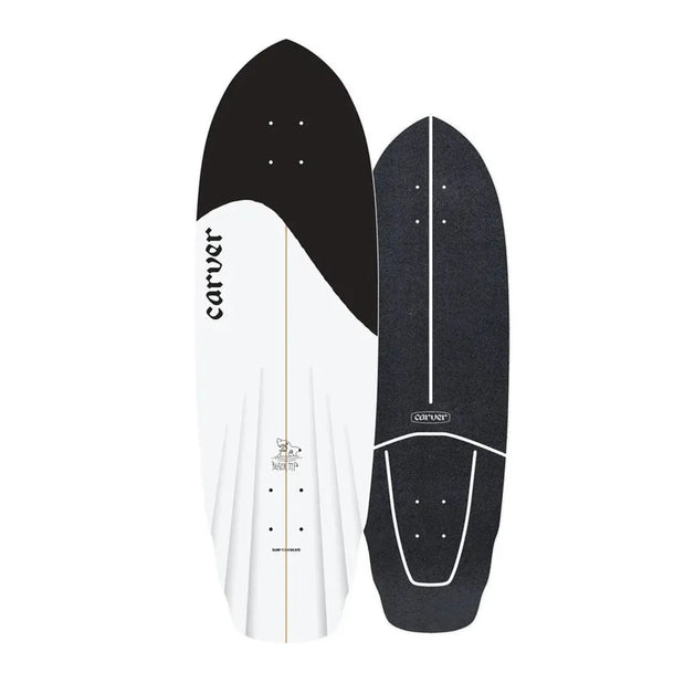 Carver Black Tip 32.5-inch surfskate cruiser deck with black grip top and black-and-white wave graphic underside. - Longboards USA