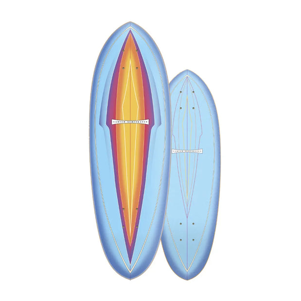 Carver Blue Haze 31-inch surfskate cruiser deck, shown front and back with blue rails and orange, yellow and purple graphics. - Longboards USA
