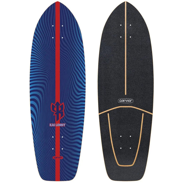 Carver x Kai Lenny Powerline 31.25-inch cruiser deck, blue with wavy lines and a red stripe, shown with black grip top. - Longboards USA