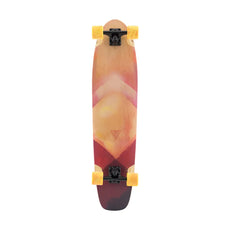 Landyachtz Ripper Watercolor 36-inch kicktail longboard with pink-orange deck, black trucks and yellow wheels. - Longboards USA