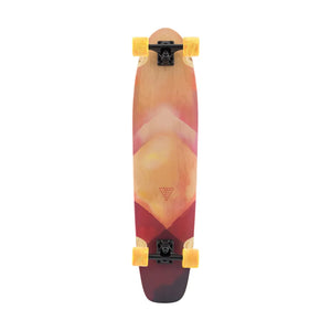 Landyachtz Ripper Watercolor 36-inch kicktail longboard with pink-orange deck, black trucks and yellow wheels. - Longboards USA