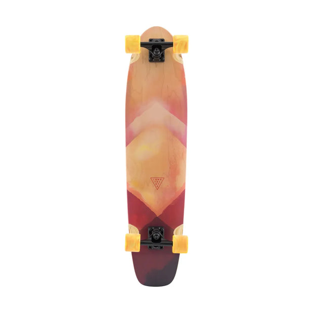 Landyachtz Ripper Watercolor 36-inch kicktail longboard with pink-orange deck, black trucks and yellow wheels. - Longboards USA