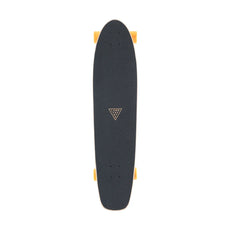 Top view of Landyachtz Ripper Watercolor 36-inch kicktail longboard with black grip tape, gold logo and orange wheels. - Longboards USA
