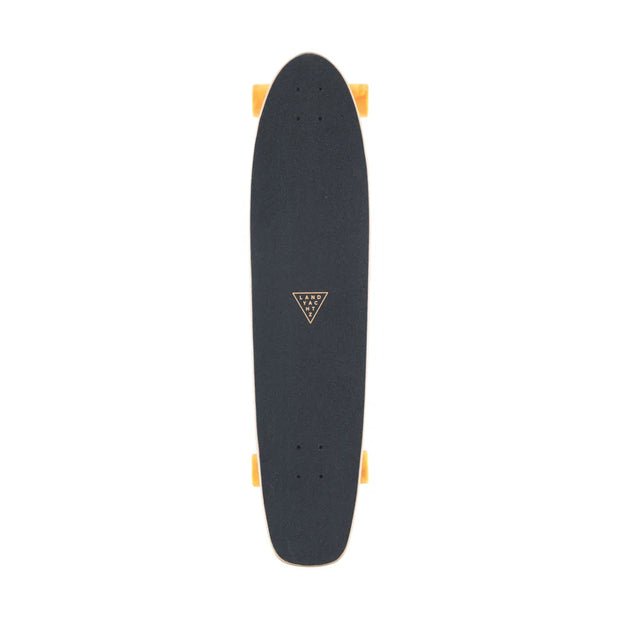 Top view of Landyachtz Ripper Watercolor 36-inch kicktail longboard with black grip tape, gold logo and orange wheels. - Longboards USA