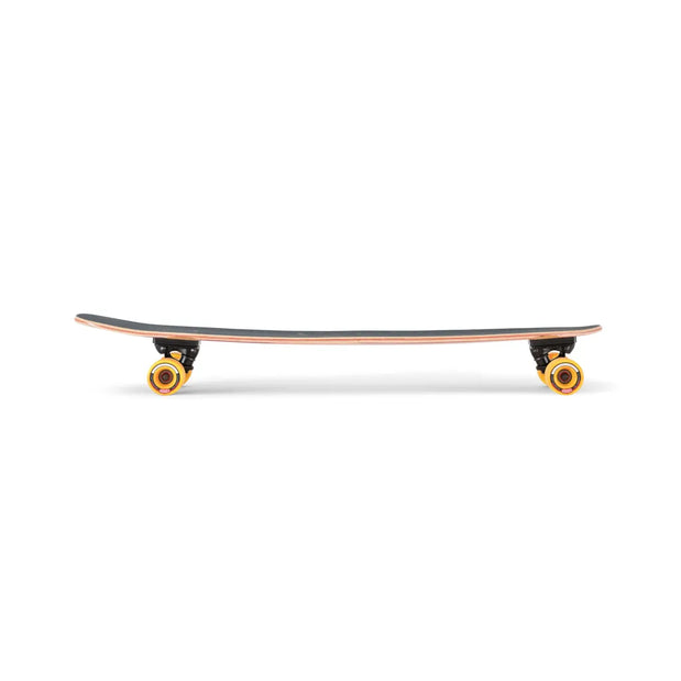 Landyachtz Ripper Watercolor 36-inch kicktail longboard, side view with black grip tape, wood edges and yellow wheels. - Longboards USA