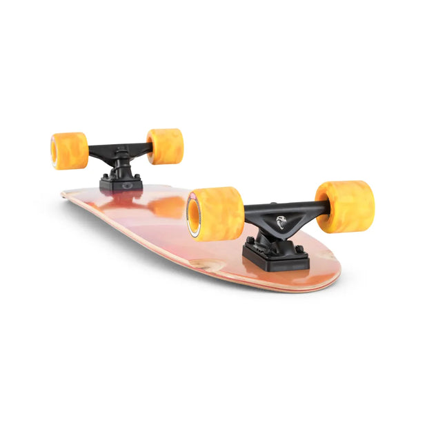 Landyachtz Ripper Watercolor 36-inch kicktail longboard with pink-orange deck, orange wheels and black trucks. - Longboards USA
