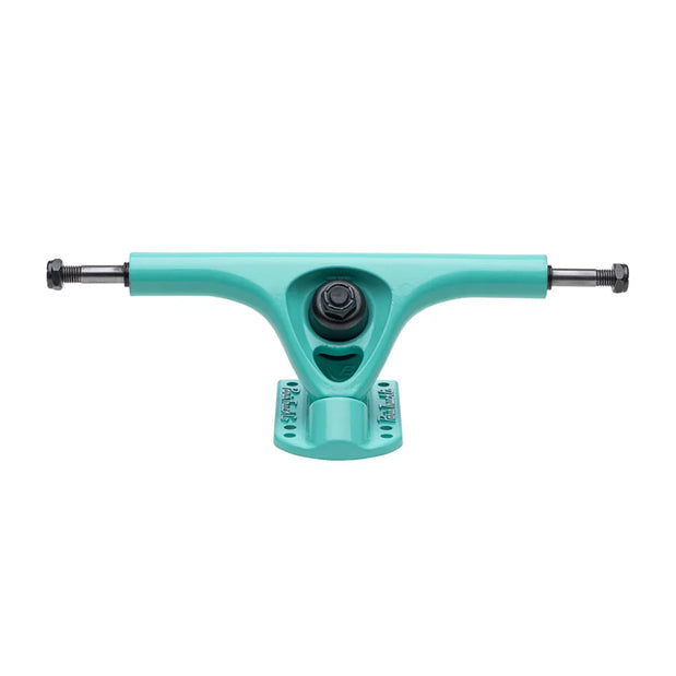 Paris V3 180mm 50º Tiffany longboard truck with turquoise hanger and baseplate, black kingpin and silver axles. - Longboards USA