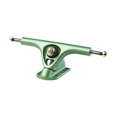 Paris V3 180mm 50º longboard truck in Tropic Green with silver axles, gold nuts, black bushing, and logo baseplate. - Longboards USA