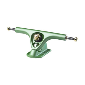 Paris V3 180mm 50º longboard truck in Tropic Green with silver axles, gold nuts, black bushing, and logo baseplate. - Longboards USA