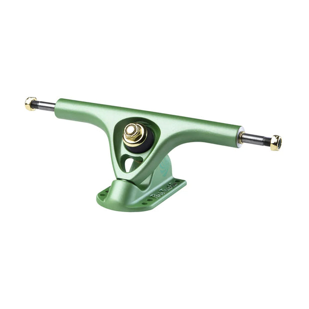 Paris V3 180mm 50º longboard truck in Tropic Green with silver axles, gold nuts, black bushing, and logo baseplate. - Longboards USA