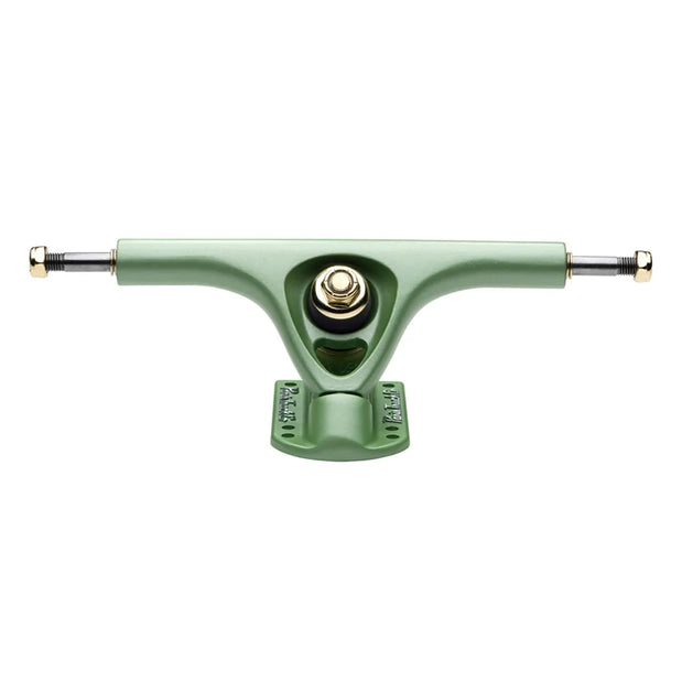 Paris V3 180mm 50° longboard truck in Tropic Green with gold hardware, black bushing and exposed axle ends. - Longboards USA