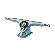 Paris V3 180mm 50° longboard truck in crystal blue with black axle, gold hardware, and branded mounting base. - Longboards USA