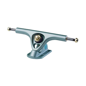 Paris V3 180mm 50° longboard truck in crystal blue with black axle, gold hardware, and branded mounting base. - Longboards USA