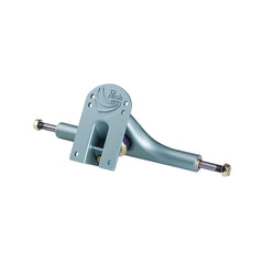 Crystal blue Paris V3 180mm 50º longboard truck with embossed logo, silver axles, gold nuts and purple bushing. - Longboards USA