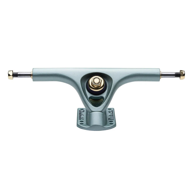 Paris V3 180mm 50º longboard truck in crystal blue with silver axle, gold-tone nuts, and branded baseplate. - Longboards USA