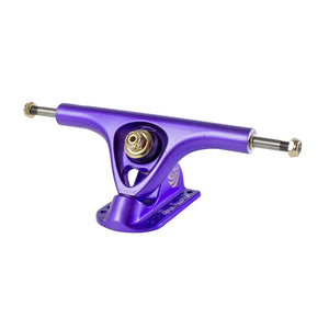 Paris V3 Hollow Lite 180mm 50º longboard truck in purple satin with triangular cutout, gold hardware, and silver axles. - Longboards USA
