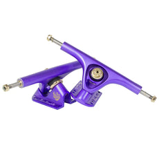 Two Paris V3 Hollow Lite 180mm 50° longboard trucks in purple satin with silver axles and gold-tone hardware. - Longboards USA