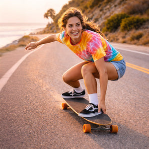 Woman skatesurfing on longboard on a road with a scenic background